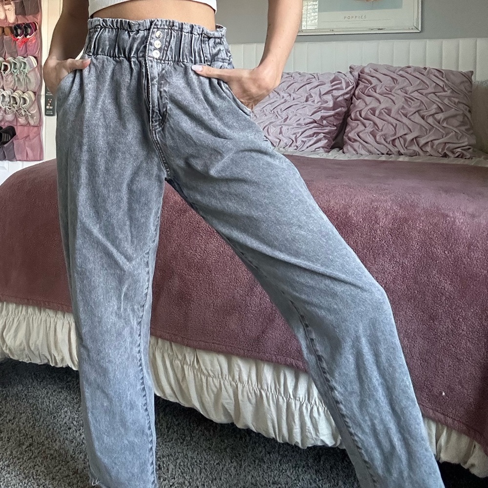 Zara Gray Denim High Waisted Straight Leg Pants with Distressed Hem